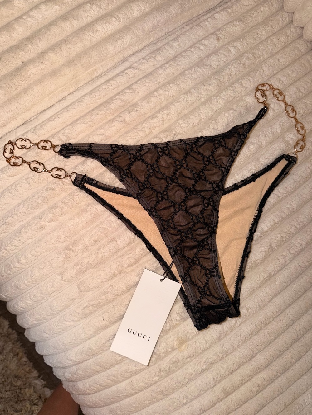 Gucci Black Sheer Lace Thong with Gold Chain Straps